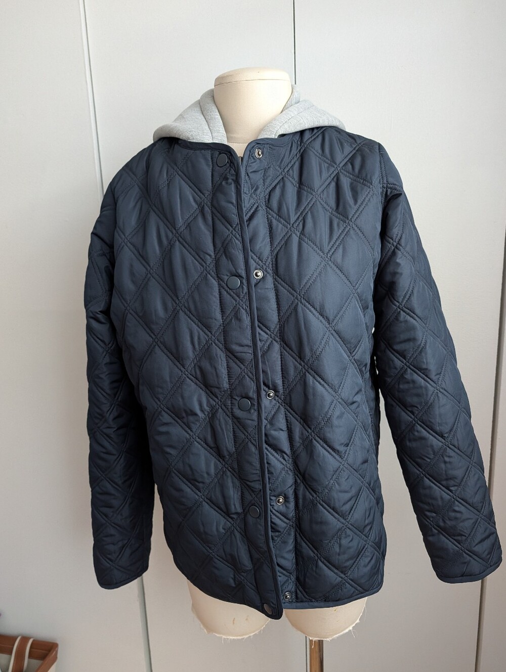 Quilted Navy  Jacket with Grey Hood